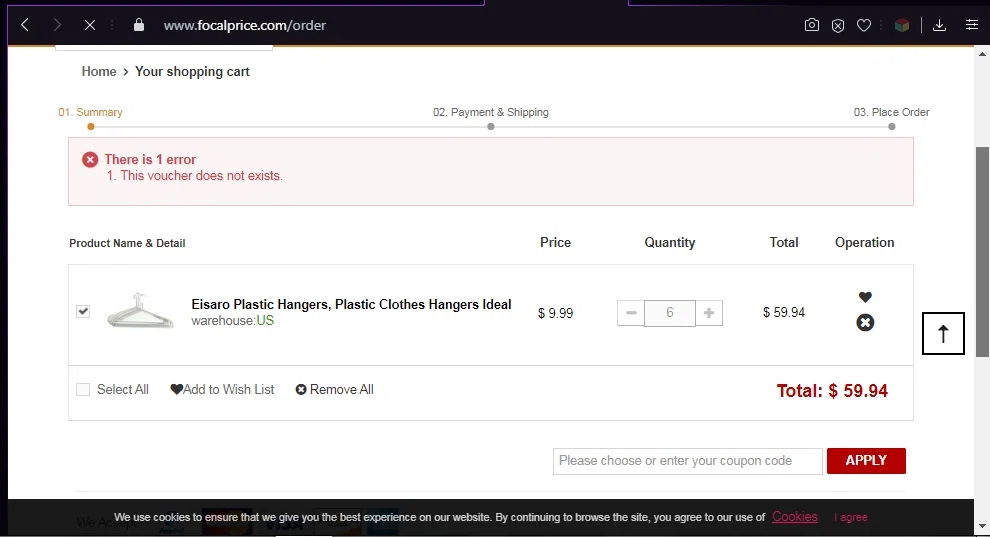 FocalPrice checkout page showing FocalPrice promo code box | Screenshot taken by SimplyCodes community member on Jun 1, 2020