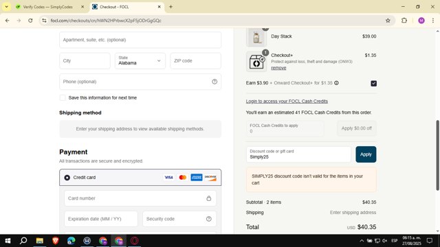 FOCL CBD checkout page showing FOCL CBD promo code box | Screenshot taken by SimplyCodes community member on Aug 27, 2025