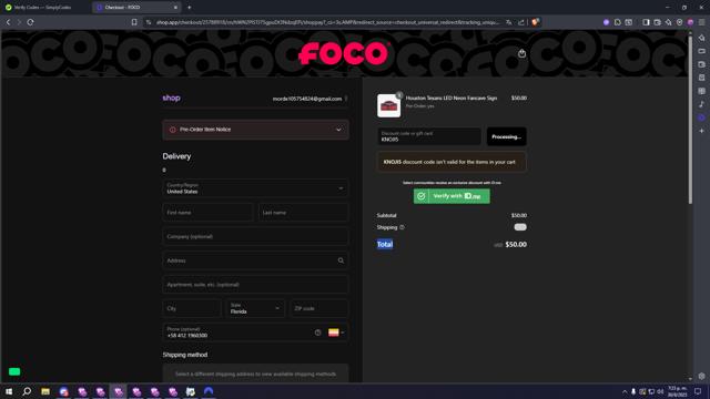 Foco checkout page showing Foco discount code box | Screenshot taken by SimplyCodes community member on Aug 30, 2025