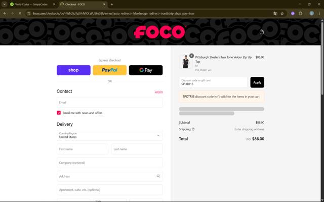 Foco checkout page showing Foco discount code box | Screenshot taken by SimplyCodes community member on Sep 8, 2025