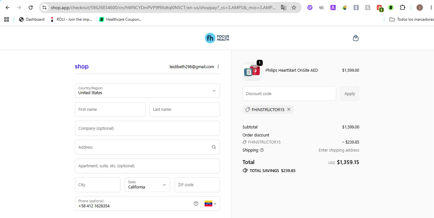Focus Health promo code screenshot showing code FHINSTRUCTOR15 applied at Focus Health checkout page. Uploaded by SimplyCodes community member Jose29 on May 25, 2026