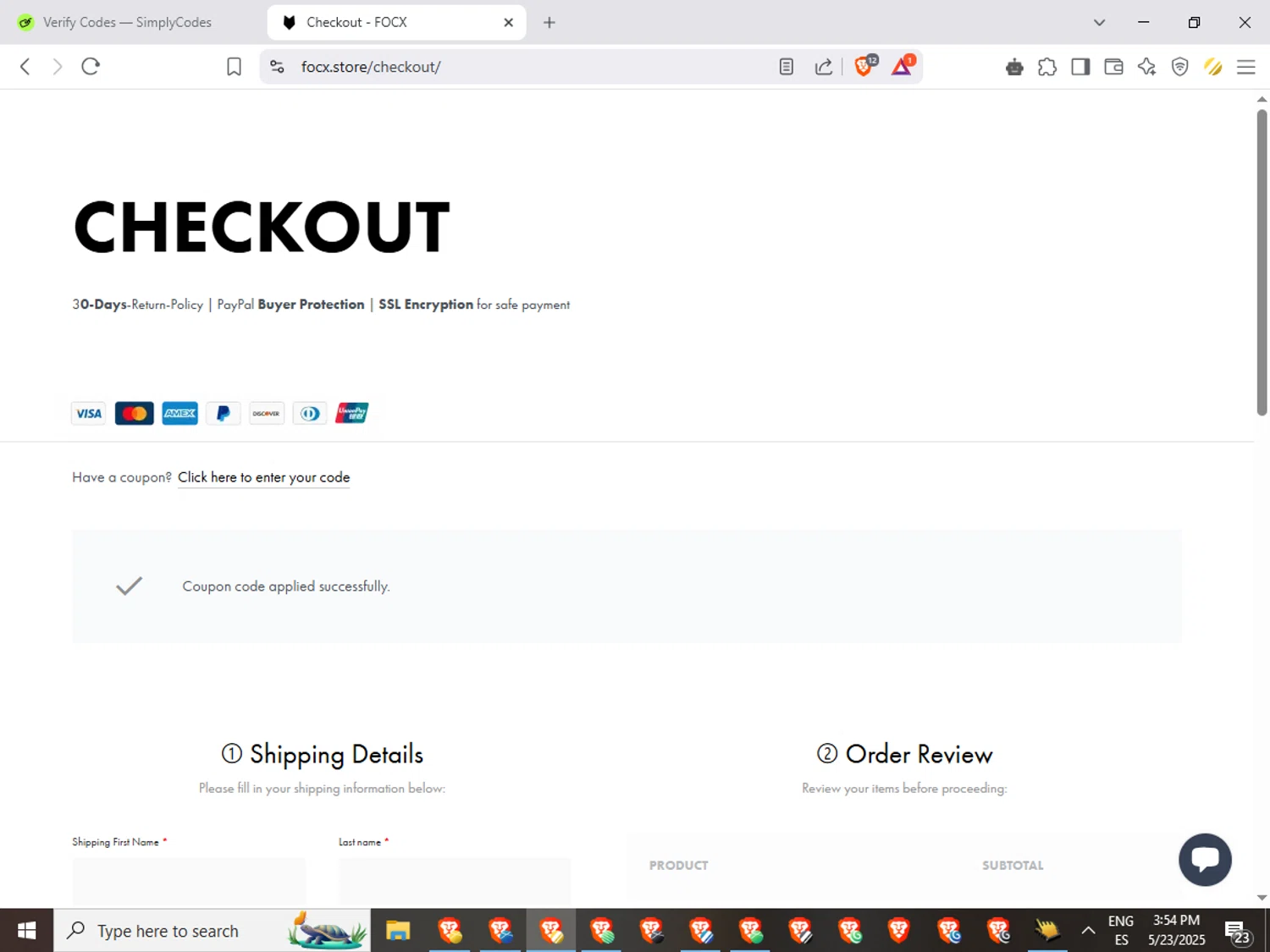 FOCX Wallet promo code screenshot showing code FOCX20 applied at FOCX Wallet checkout page. Uploaded by SimplyCodes community member GoldGuardian667 on May 23, 2025