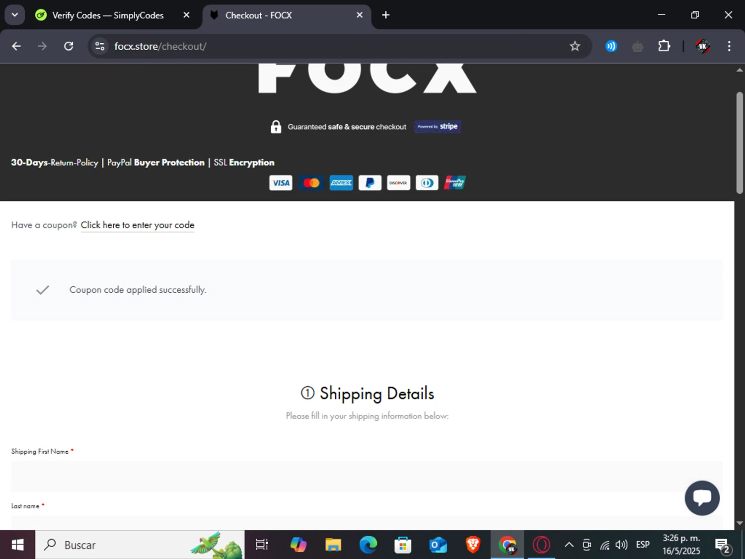 FOCX Wallet promo code screenshot showing code FOCX20 applied at FOCX Wallet checkout page. Uploaded by SimplyCodes community member TreasureAdmiral6867 on May 16, 2025