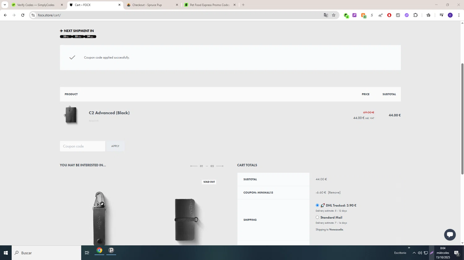 FOCX Wallet promo code screenshot showing code MINIMAL15 applied at FOCX Wallet checkout page. Uploaded by SimplyCodes community member LAGUGU on Oct 15, 2025