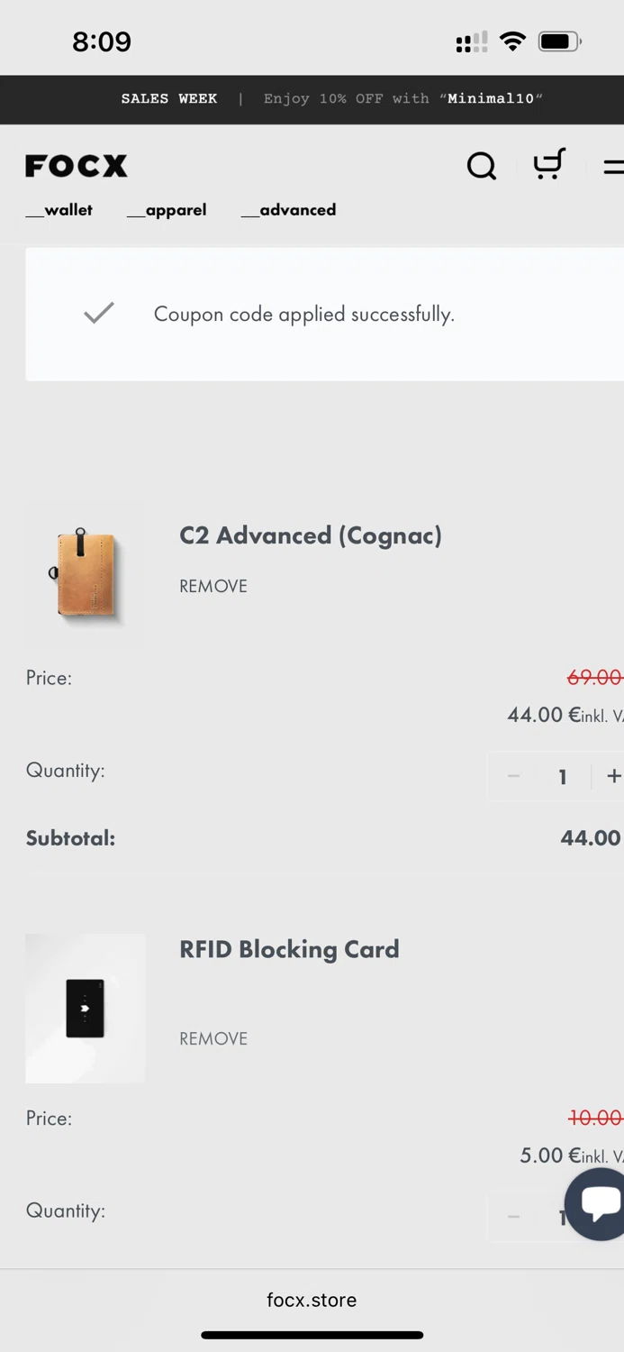 FOCX Wallet promo code screenshot showing code MINIMAL15 applied at FOCX Wallet checkout page. Uploaded by SimplyCodes community member peachee on Oct 15, 2025