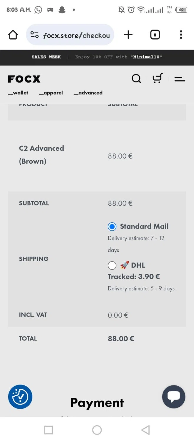FOCX Wallet promo code screenshot showing code MINIMAL15 applied at FOCX Wallet checkout page. Uploaded by SimplyCodes community member tumiedo on Oct 15, 2025