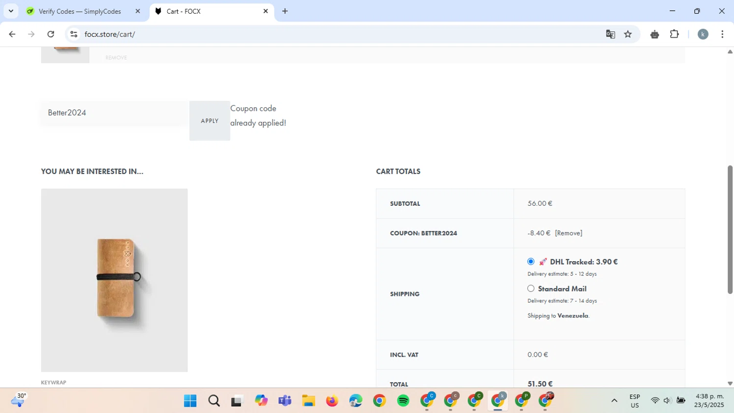 FOCX Wallet promo code screenshot showing code Better2024 applied at FOCX Wallet checkout page. Uploaded by SimplyCodes community member ValiantCaptain6560 on May 23, 2025
