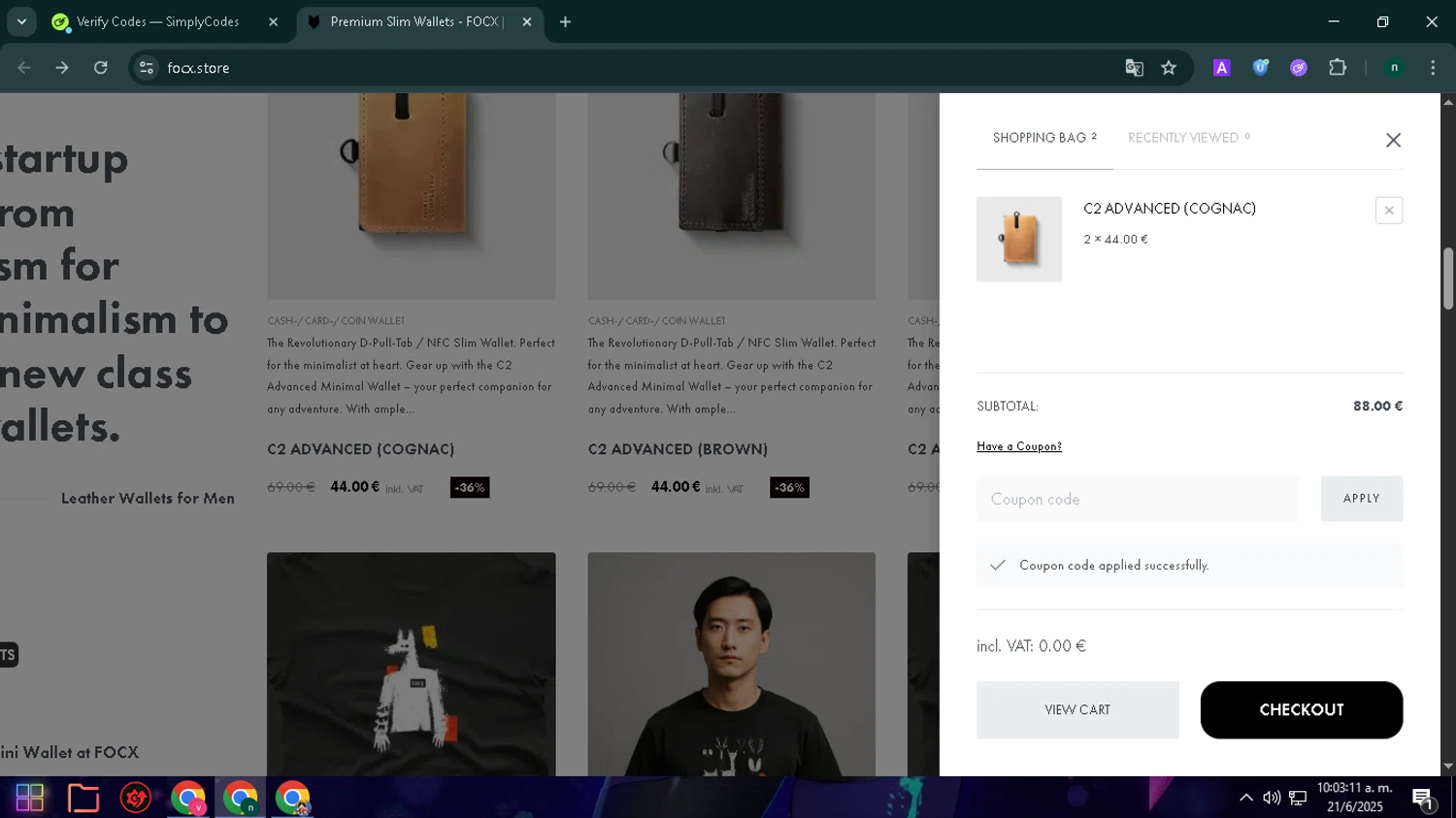 FOCX Wallet promo code screenshot showing code Better2024 applied at FOCX Wallet checkout page. Uploaded by SimplyCodes community member VoucherWizard5329 on Jun 21, 2025