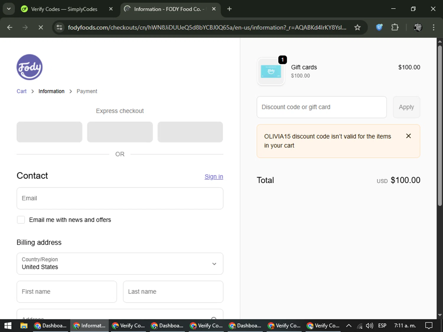 Fody Foods promo code screenshot showing code OLIVIA15 applied at Fody Foods checkout page. Uploaded by SimplyCodes community member PrimeKnight6101 on Feb 2, 2026