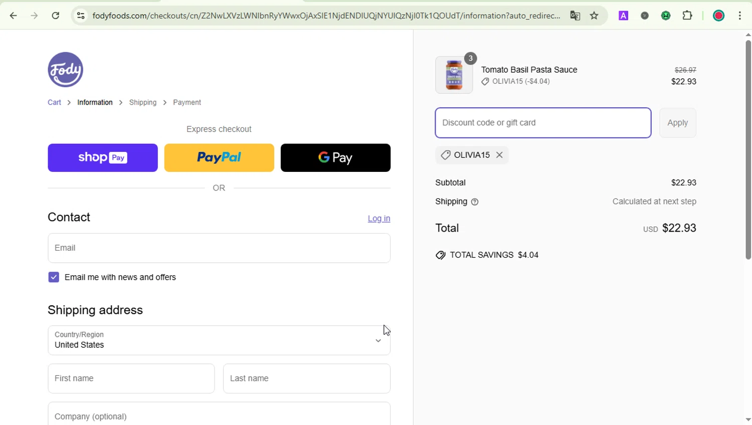 Fody Foods promo code screenshot showing code OLIVIA15 applied at Fody Foods checkout page. Uploaded by SimplyCodes community member LOVECOUPON on Mar 24, 2025