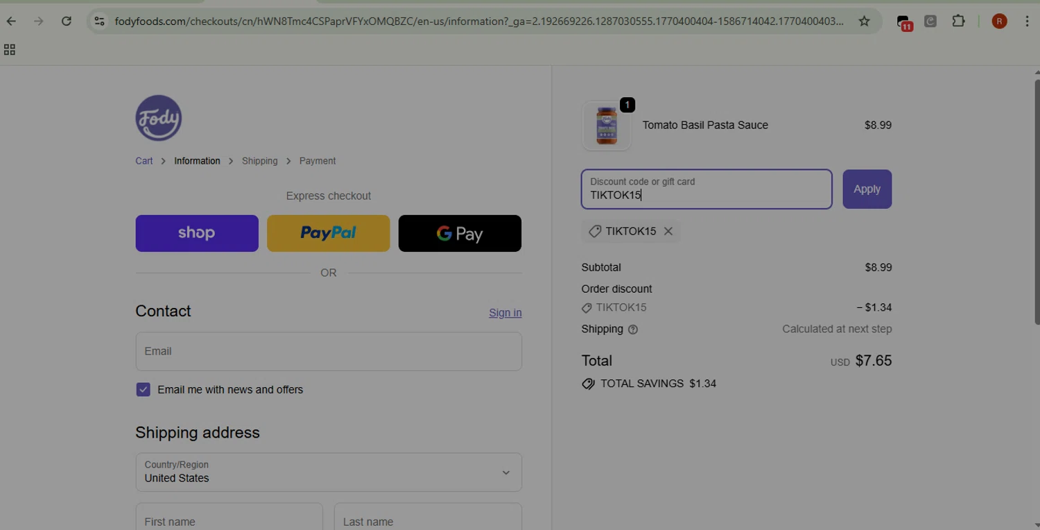 Fody Foods checkout page showing Fody Foods promo code box | Screenshot taken by SimplyCodes community member on Feb 6, 2026