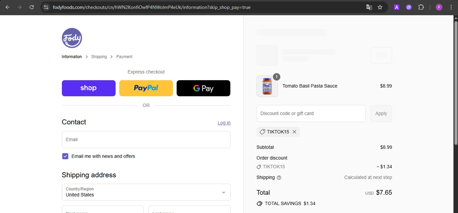 Fody Foods promo code screenshot showing code TIKTOK15 applied at Fody Foods checkout page. Uploaded by SimplyCodes community member firoas on Aug 28, 2025