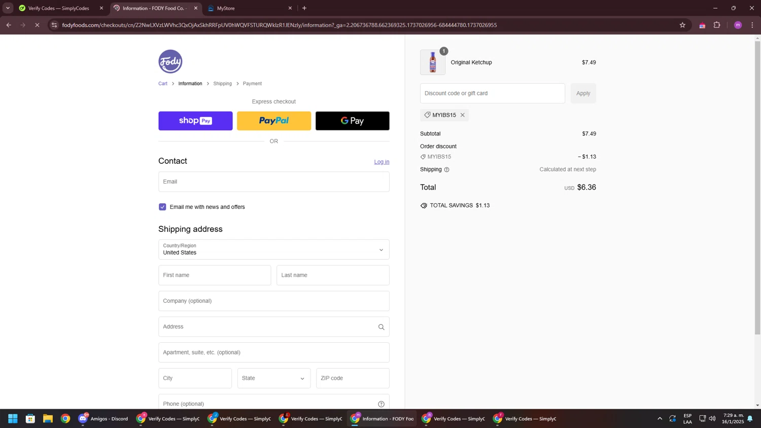 Fody Foods promo code screenshot showing code MYIBS15 applied at Fody Foods checkout page. Uploaded by SimplyCodes community member PennyWizard1195 on Jan 16, 2025