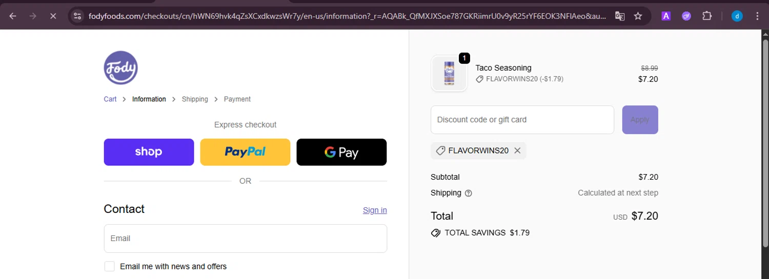 Fody Foods promo code screenshot showing code FLAVORWINS20 applied at Fody Foods checkout page. Uploaded by SimplyCodes community member ShieldKnight4744 on Dec 7, 2025