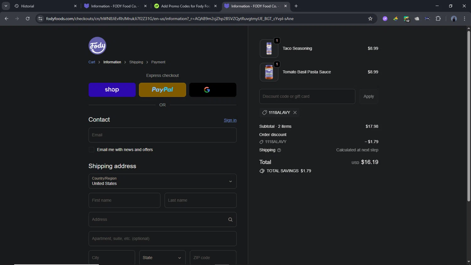Fody Foods promo code screenshot showing code 1118ALAVY applied at Fody Foods checkout page. Uploaded by SimplyCodes community member Time_sin_filtro on Feb 2, 2026