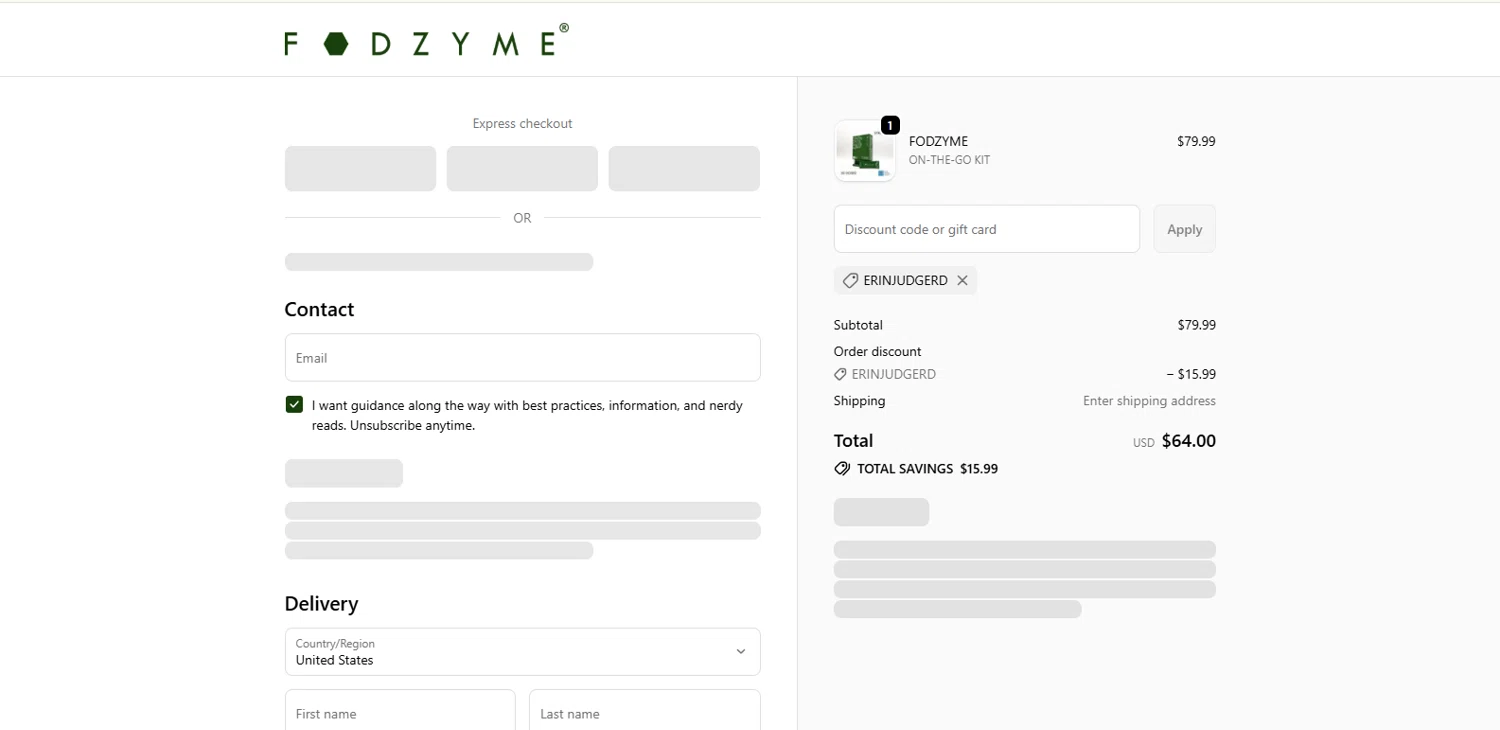 FODZYME promo code screenshot showing code ERINJUDGERD applied at FODZYME checkout page. Uploaded by SimplyCodes community member kalltrom21 on Oct 17, 2025