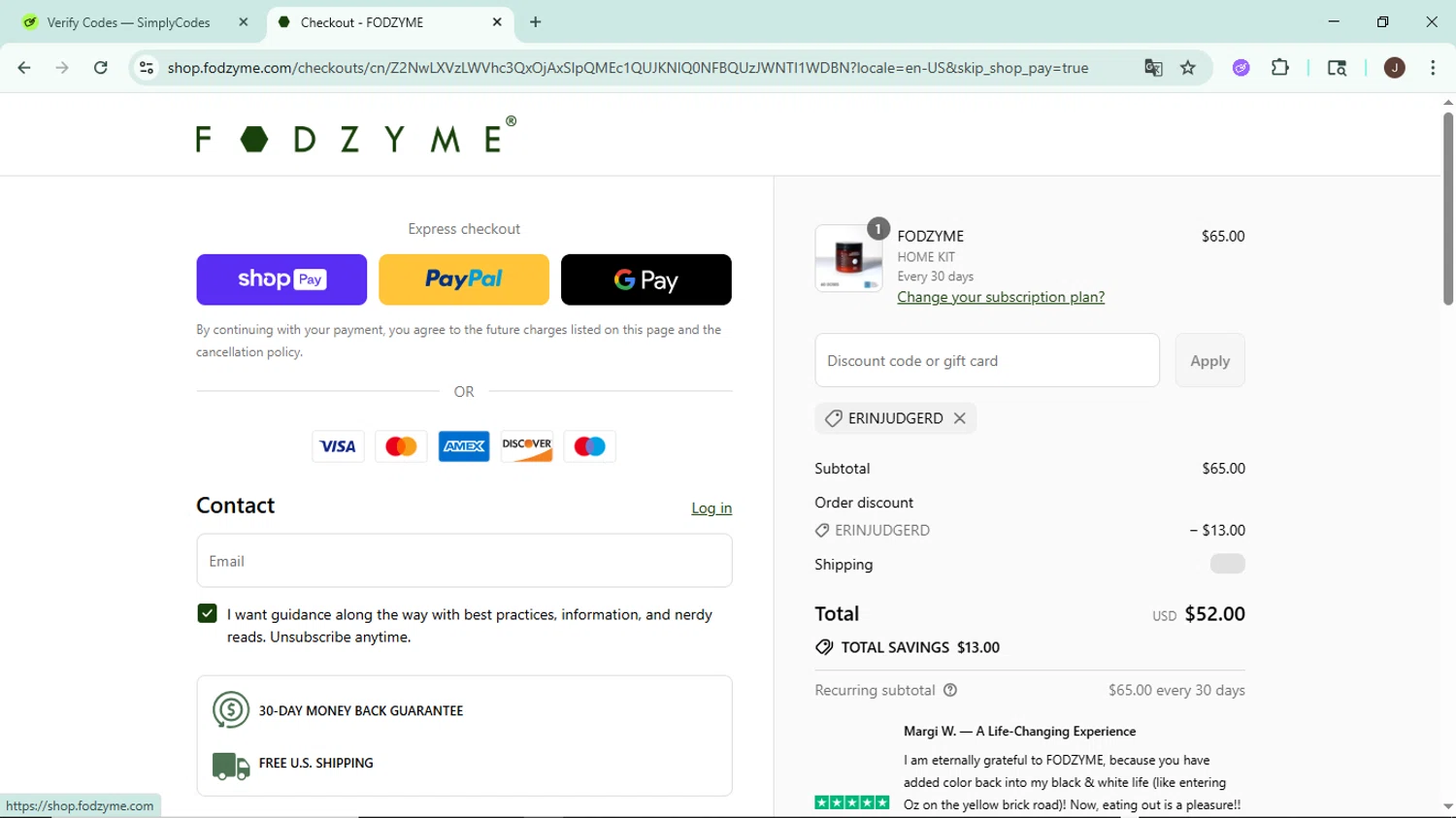 FODZYME promo code screenshot showing code ERINJUDGERD applied at FODZYME checkout page. Uploaded by SimplyCodes community member LegendaryAce8627 on Jul 8, 2025