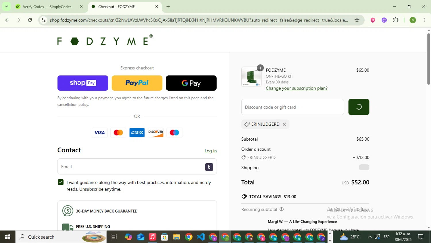 FODZYME promo code screenshot showing code ERINJUDGERD applied at FODZYME checkout page. Uploaded by SimplyCodes community member SwiftSaver6197 on Jun 30, 2025