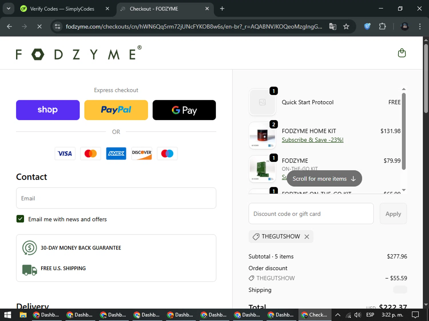 FODZYME promo code screenshot showing code THEGUTSHOW applied at FODZYME checkout page. Uploaded by SimplyCodes community member ValueElite5945 on Dec 14, 2025