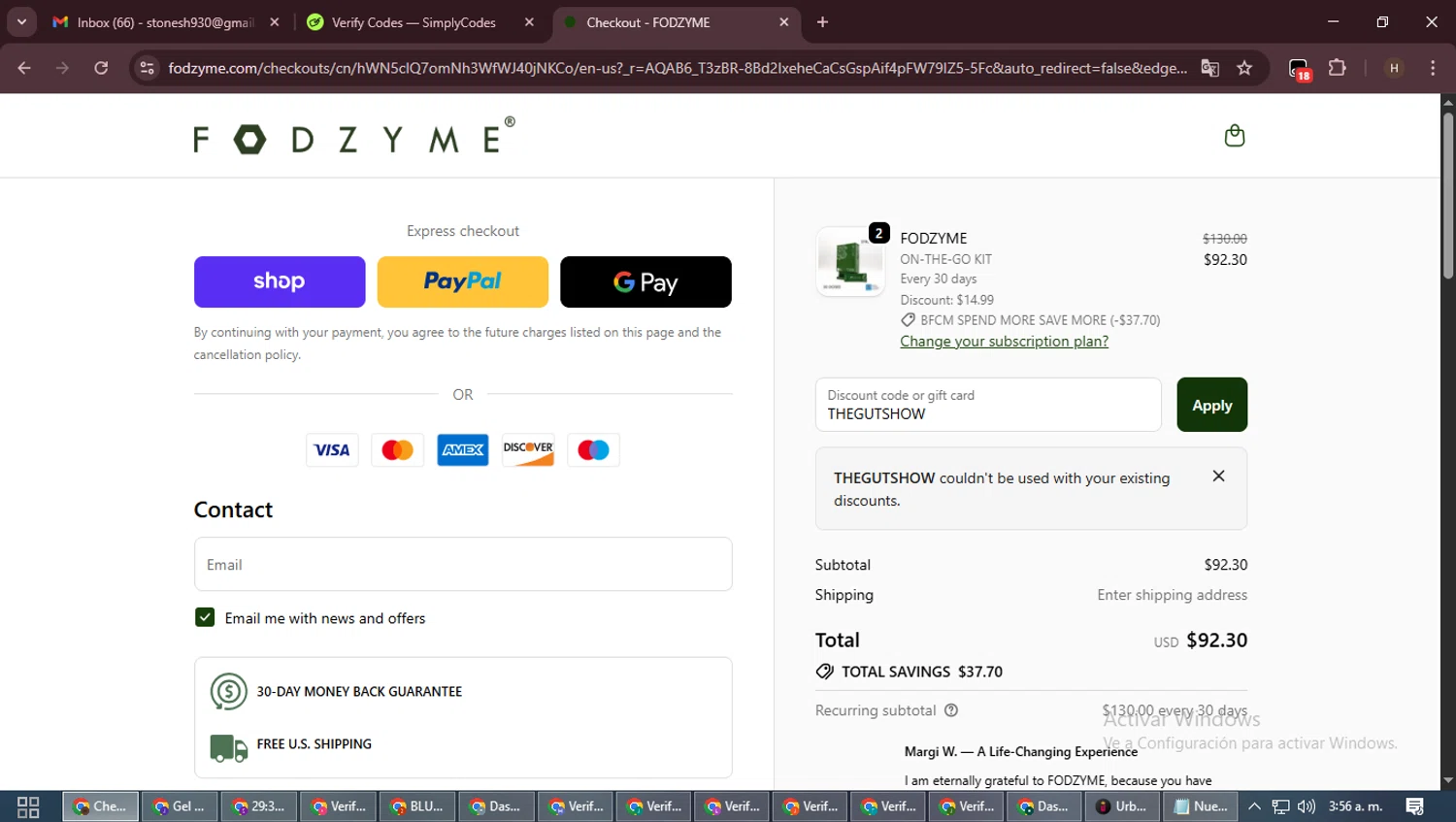 FODZYME promo code screenshot showing code THEGUTSHOW applied at FODZYME checkout page. Uploaded by SimplyCodes community member VictoriousPioneer8823 on Nov 23, 2025