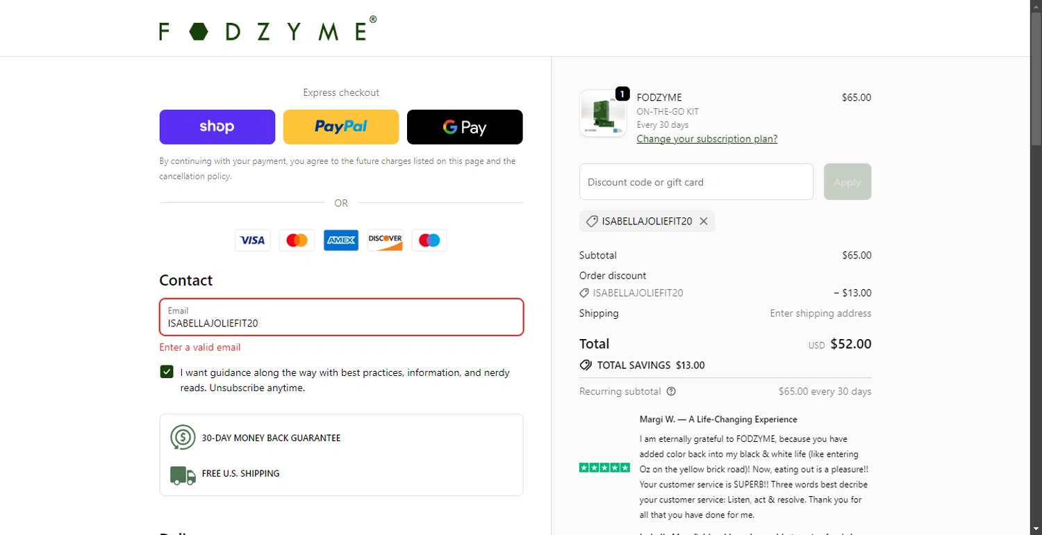 FODZYME promo code screenshot showing code ISABELLAJOLIEFIT20 applied at FODZYME checkout page. Uploaded by SimplyCodes community member SavvyHawk1474 on Nov 6, 2025