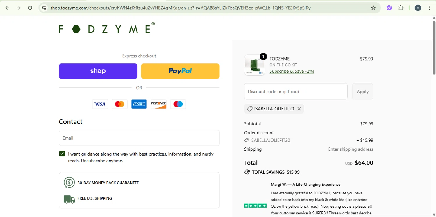 FODZYME promo code screenshot showing code ISABELLAJOLIEFIT20 applied at FODZYME checkout page. Uploaded by SimplyCodes community member PromoExpert5262 on Nov 6, 2025