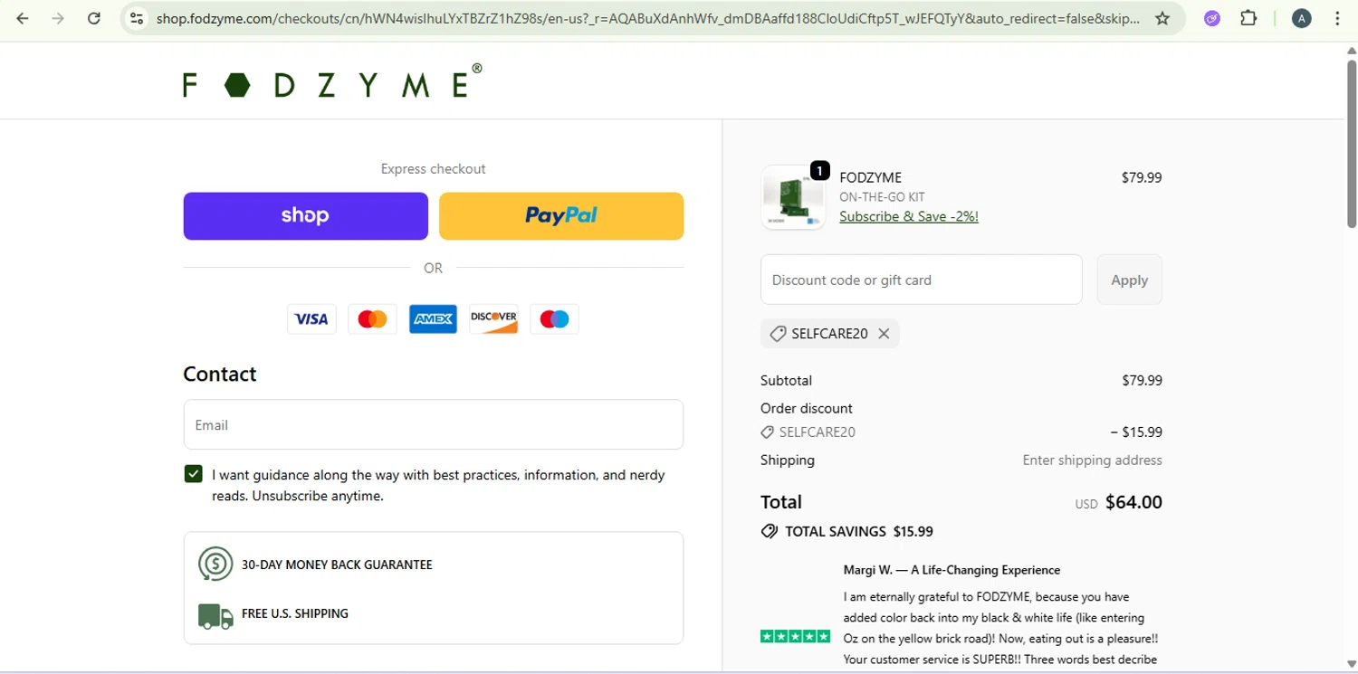 FODZYME promo code screenshot showing code SELFCARE20 applied at FODZYME checkout page. Uploaded by SimplyCodes community member PromoExpert5262 on Nov 5, 2025