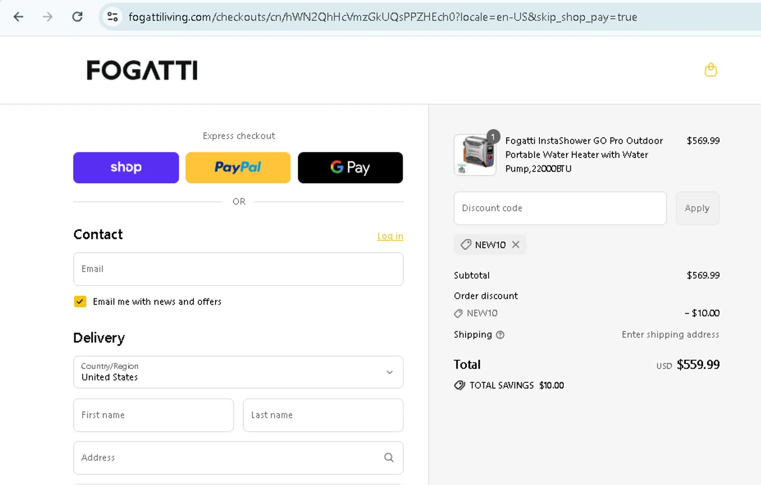 Fogatti Living promo code screenshot showing code NEW10 applied at Fogatti Living checkout page. Uploaded by SimplyCodes community member TokenMonarch796 on Aug 31, 2025