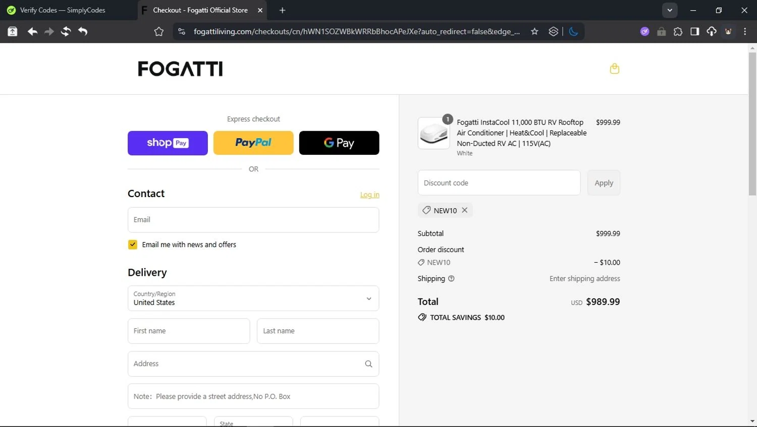 Fogatti Living promo code screenshot showing code NEW10 applied at Fogatti Living checkout page. Uploaded by SimplyCodes community member domain on Aug 5, 2025