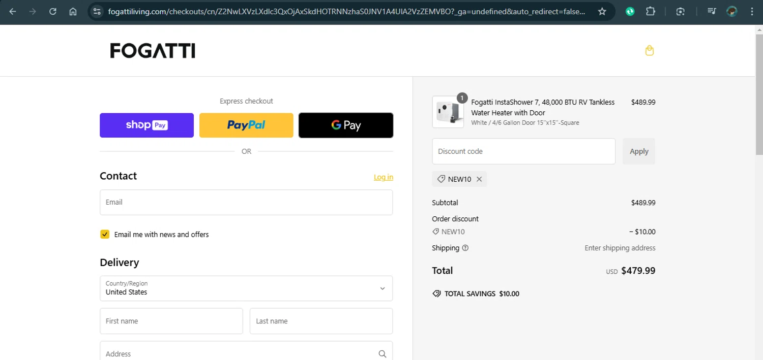 Fogatti Living promo code screenshot showing code NEW10 applied at Fogatti Living checkout page. Uploaded by SimplyCodes community member xAngel on Jan 1, 2025