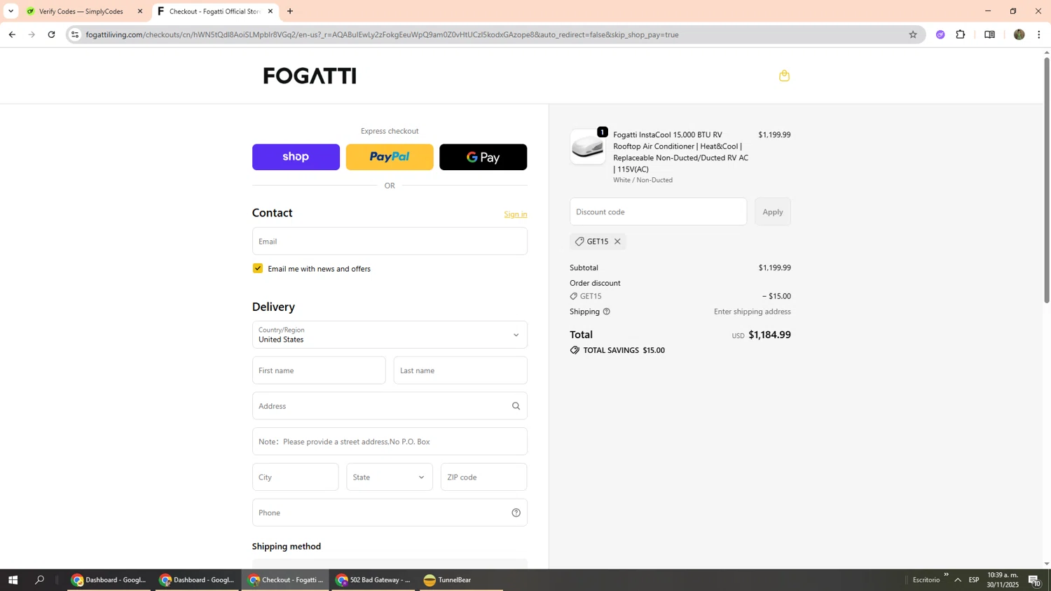 Fogatti Living promo code screenshot showing code GET15 applied at Fogatti Living checkout page. Uploaded by SimplyCodes community member Phoenix585 on Nov 30, 2025