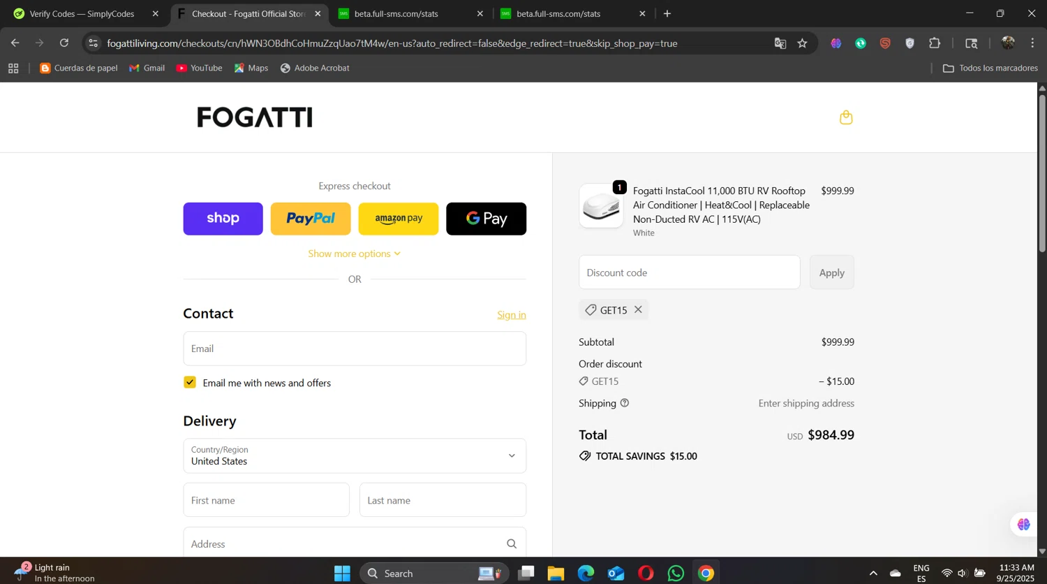 Fogatti Living promo code screenshot showing code GET15 applied at Fogatti Living checkout page. Uploaded by SimplyCodes community member naimbethak on Sep 25, 2025