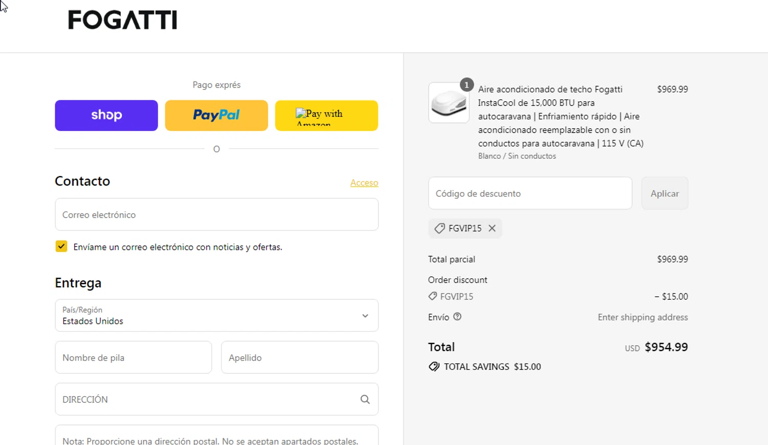 Fogatti Living promo code screenshot showing code FGVIP15 applied at Fogatti Living checkout page. Uploaded by SimplyCodes community member cachirulo on Sep 8, 2025