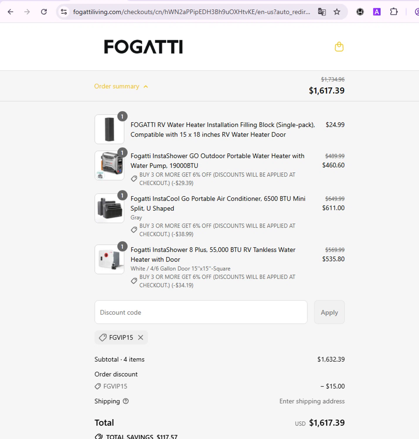 Fogatti Living promo code screenshot showing code FGVIP15 applied at Fogatti Living checkout page. Uploaded by SimplyCodes community member ivanguere on Sep 4, 2025