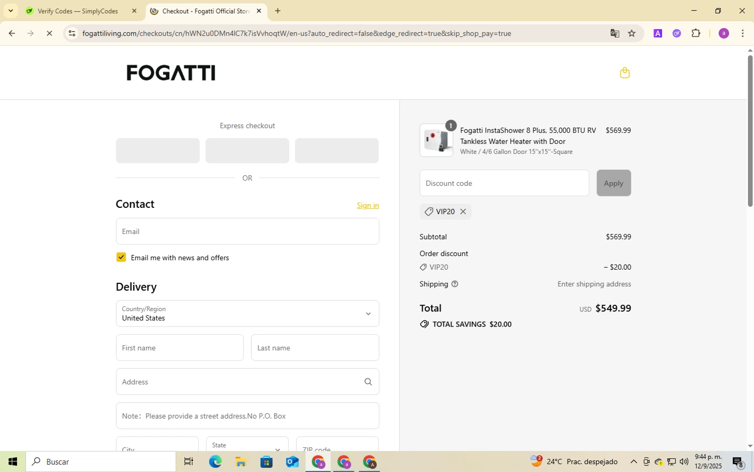 Fogatti Living promo code screenshot showing code VIP20 applied at Fogatti Living checkout page. Uploaded by SimplyCodes community member BukayoSaka on Sep 12, 2025