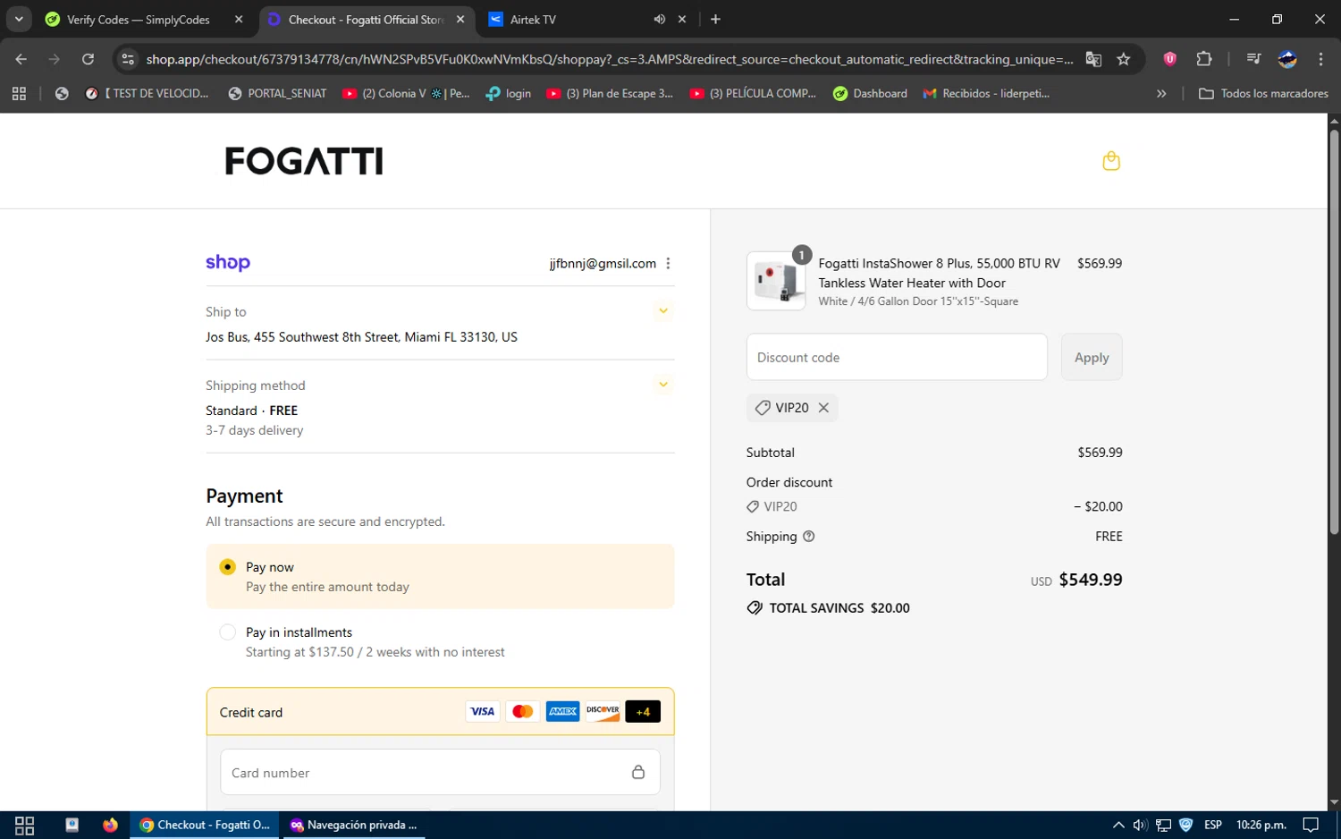 Fogatti Living promo code screenshot showing code VIP20 applied at Fogatti Living checkout page. Uploaded by SimplyCodes community member SavvySage3352 on Sep 1, 2025
