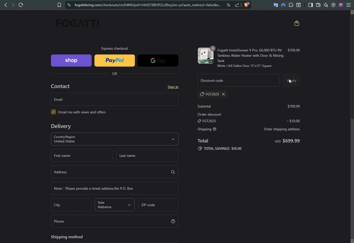Fogatti Living promo code screenshot showing code FGT2025 applied at Fogatti Living checkout page. Uploaded by SimplyCodes community member Parangutirimicuaro on Sep 11, 2025