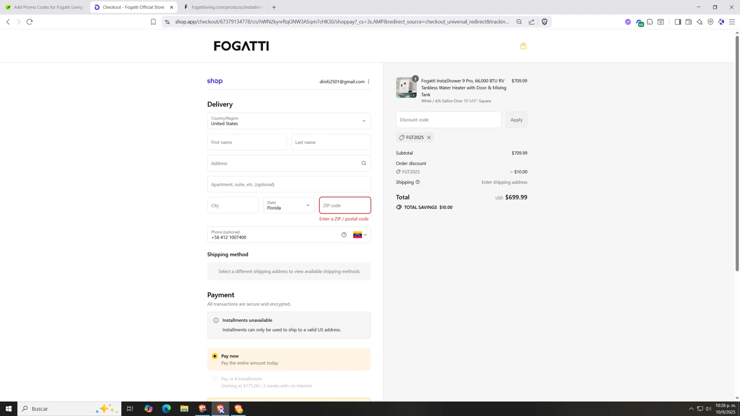 Fogatti Living promo code screenshot showing code FGT2025 applied at Fogatti Living checkout page. Uploaded by SimplyCodes community member Hasta_El_Final on Sep 11, 2025