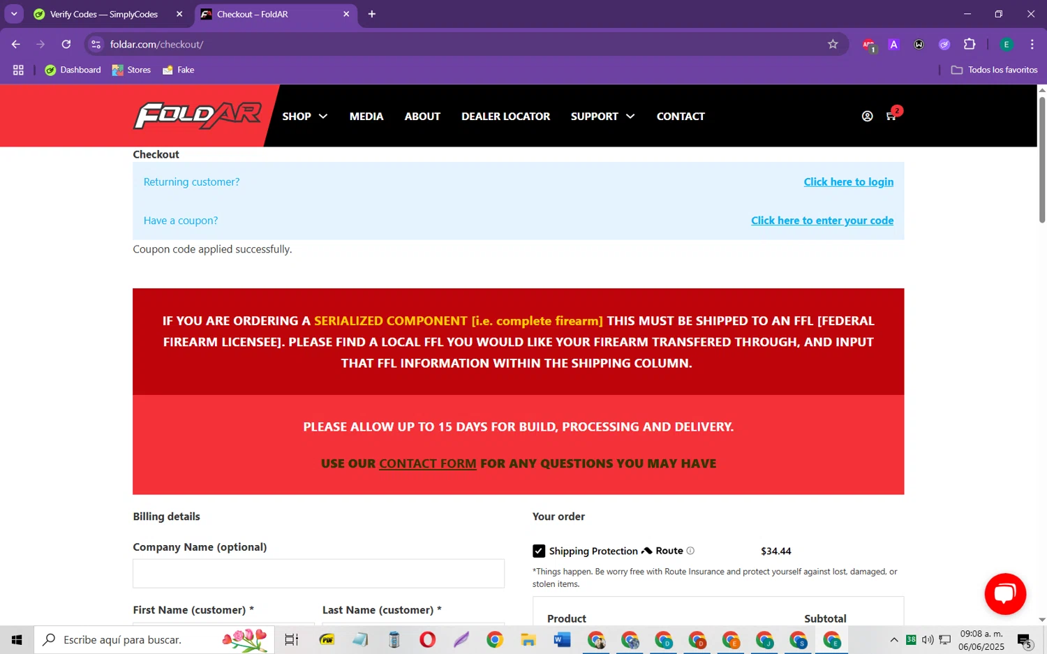 FoldAR checkout page showing FoldAR promo code box | Screenshot taken by SimplyCodes community member on Jun 6, 2025