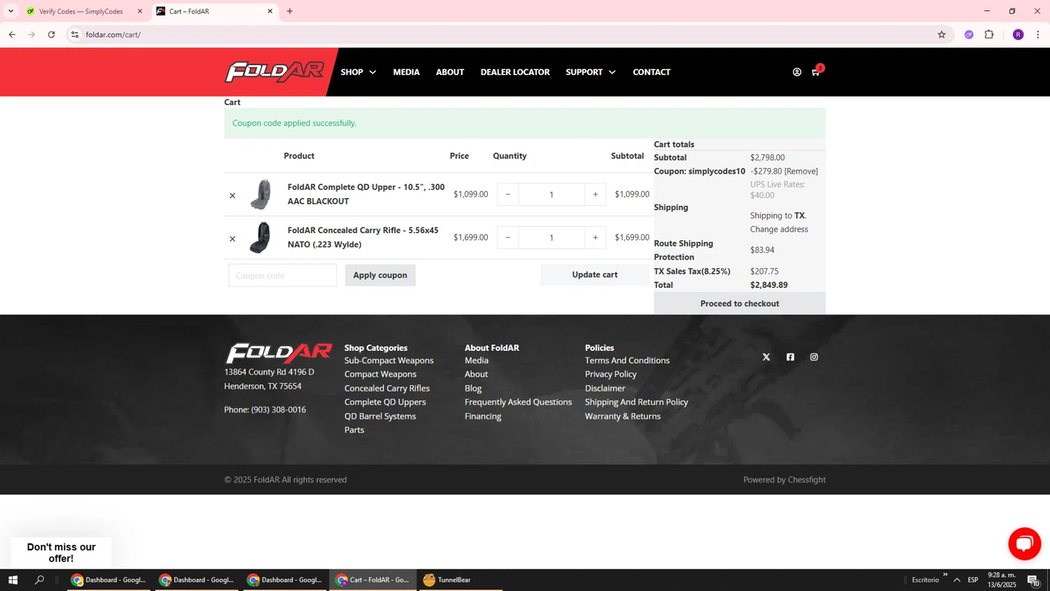 FoldAR promo code screenshot showing code SIMPLYCODES10 applied at FoldAR checkout page. Uploaded by SimplyCodes community member ukemochi on Jun 13, 2025