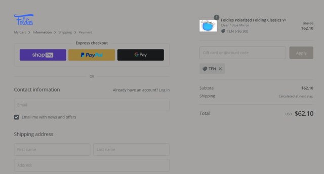 Foldies checkout page showing Foldies discount code box | Screenshot taken by SimplyCodes community member on Mar 22, 2022
