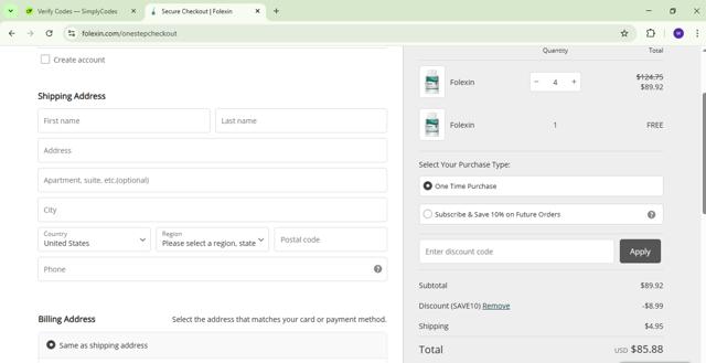 Folexin checkout page showing Folexin discount code box | Screenshot taken by SimplyCodes community member on Mar 10, 2025