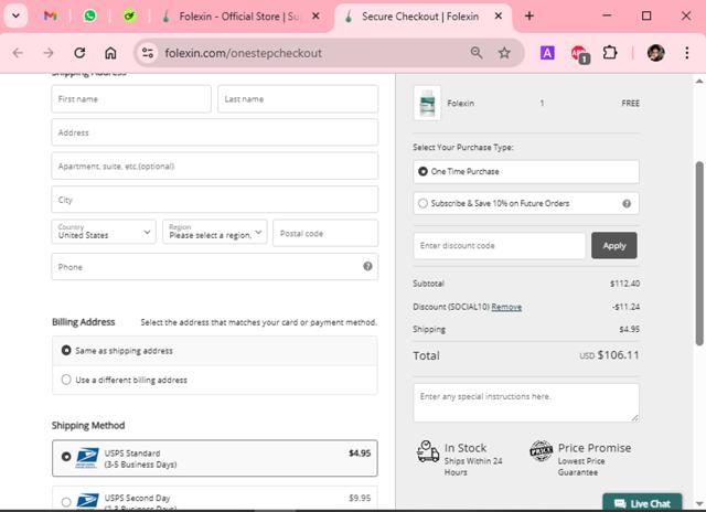 Folexin checkout page showing Folexin discount code box | Screenshot taken by SimplyCodes community member on Mar 10, 2025