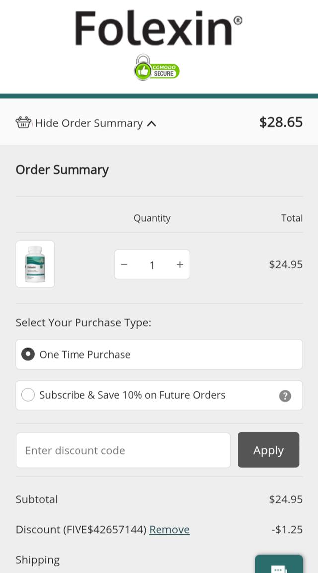 Folexin checkout page showing Folexin discount code box | Screenshot taken by SimplyCodes community member on Apr 9, 2025