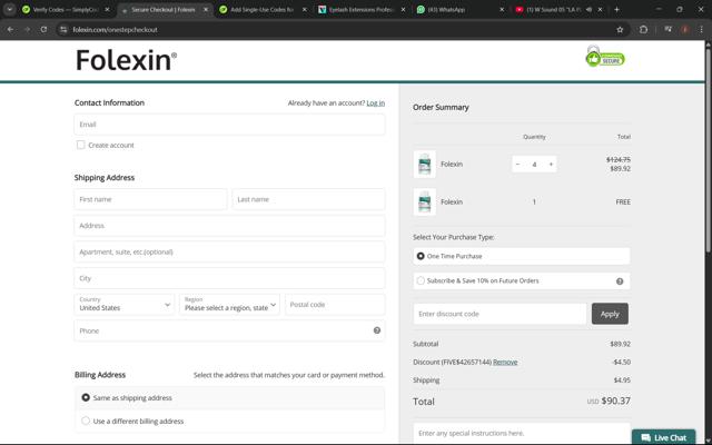 Folexin checkout page showing Folexin discount code box | Screenshot taken by SimplyCodes community member on Apr 9, 2025