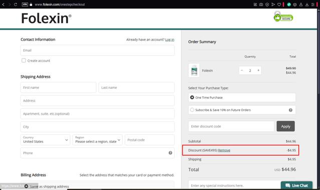 Folexin checkout page showing Folexin discount code box | Screenshot taken by SimplyCodes community member on Mar 28, 2025