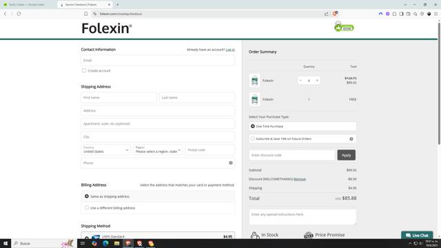 Folexin checkout page showing Folexin discount code box | Screenshot taken by SimplyCodes community member on Jun 18, 2025