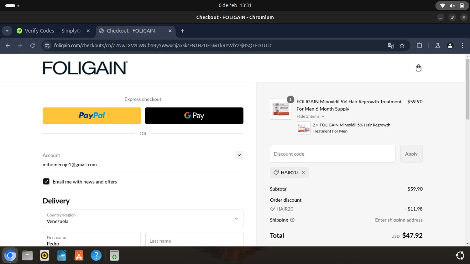 Foligain discount code screenshot showing code HAIR20 applied at Foligain checkout page. Uploaded by SimplyCodes community member SAKURA on Feb 6, 2025