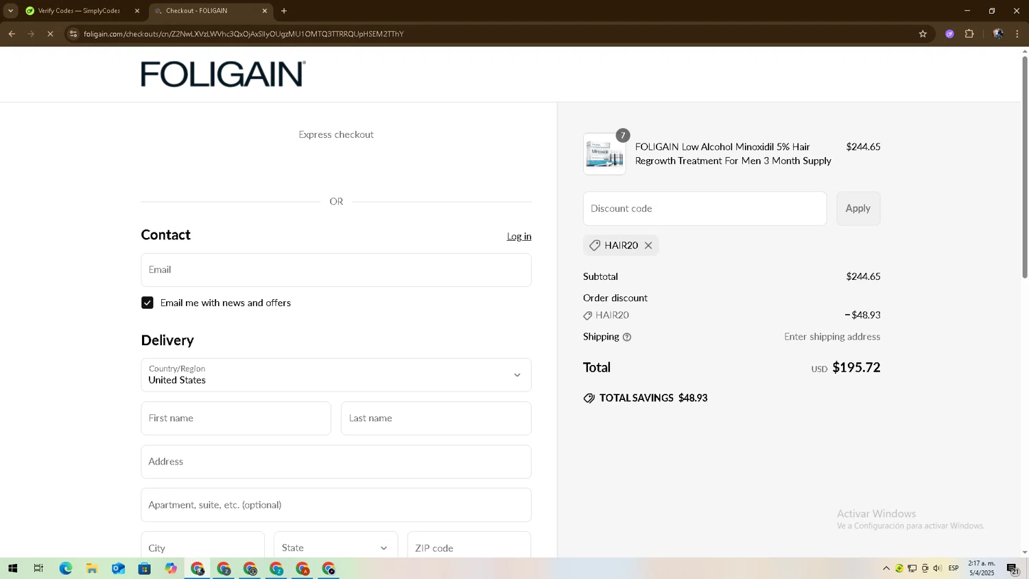 Foligain discount code screenshot showing code HAIR20 applied at Foligain checkout page. Uploaded by SimplyCodes community member 27zxbr on Apr 5, 2025