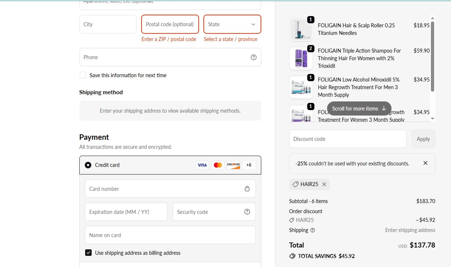 Foligain discount code screenshot showing code HAIR25 applied at Foligain checkout page. Uploaded by SimplyCodes community member EpicSpotter6525 on Oct 17, 2025